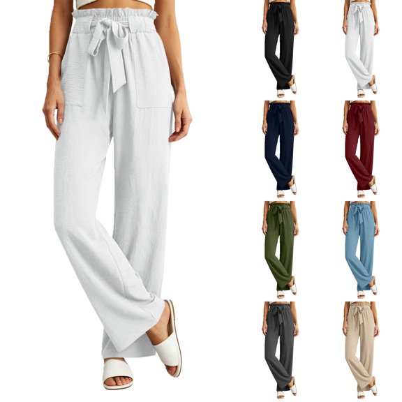 Nugftut Women's Cotton Linen Wide Leg Pants with Lace Trim Drawstring Elastic High Waist Flowy Trousers with Pockets Summer Beach Vacation
