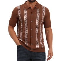 Men's Jacquard Polo Shirt Short Sleeve Button Down Knitted Golf Polo Shirts M Brown