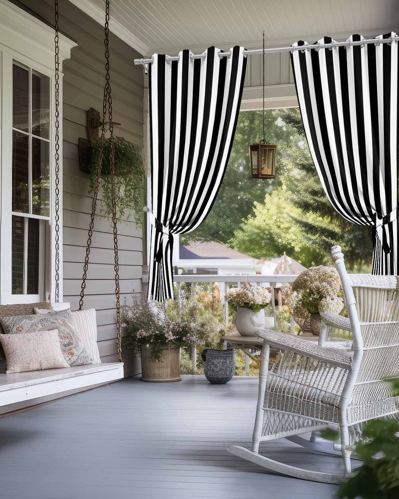 Black Striped Outdoor Curtains for Patio, Modern Farmhouse Black and White Stripes Privacy Drapes Grommet Waterproof Outside Curtains for Porch/Cabana/Balcony 54"x 108", 1 Panel