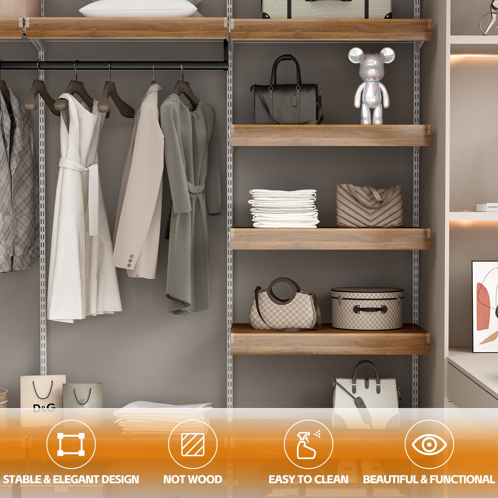Display Shelves ( WALNUT Color ) 5 Pcs Wire Shelf Covers, Foamed PVC Wire Rack Covers for Removable Closet (Not Wood), Pantry Shelves for Cabinet Bathroom Kitchen Shelving Decoration,Wooden Display