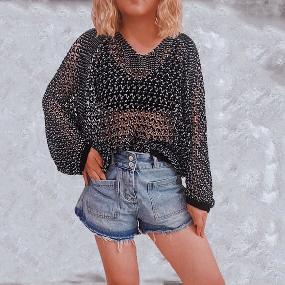 DondPO Workout Tops for Women Going Out Tops Women Hollow Out Long Sleeve Crochet Knitted Short Sexy Transparent Top Crop Tops for Women Sexy Tops Black S