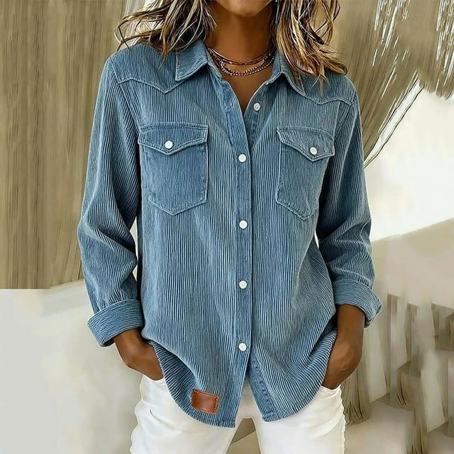 HongQid Womens Corduroy Shirts Botton Down Lapel Shacket with Pocket Spring Fall Long Sleeve Denim Blue Solid Color Tops
