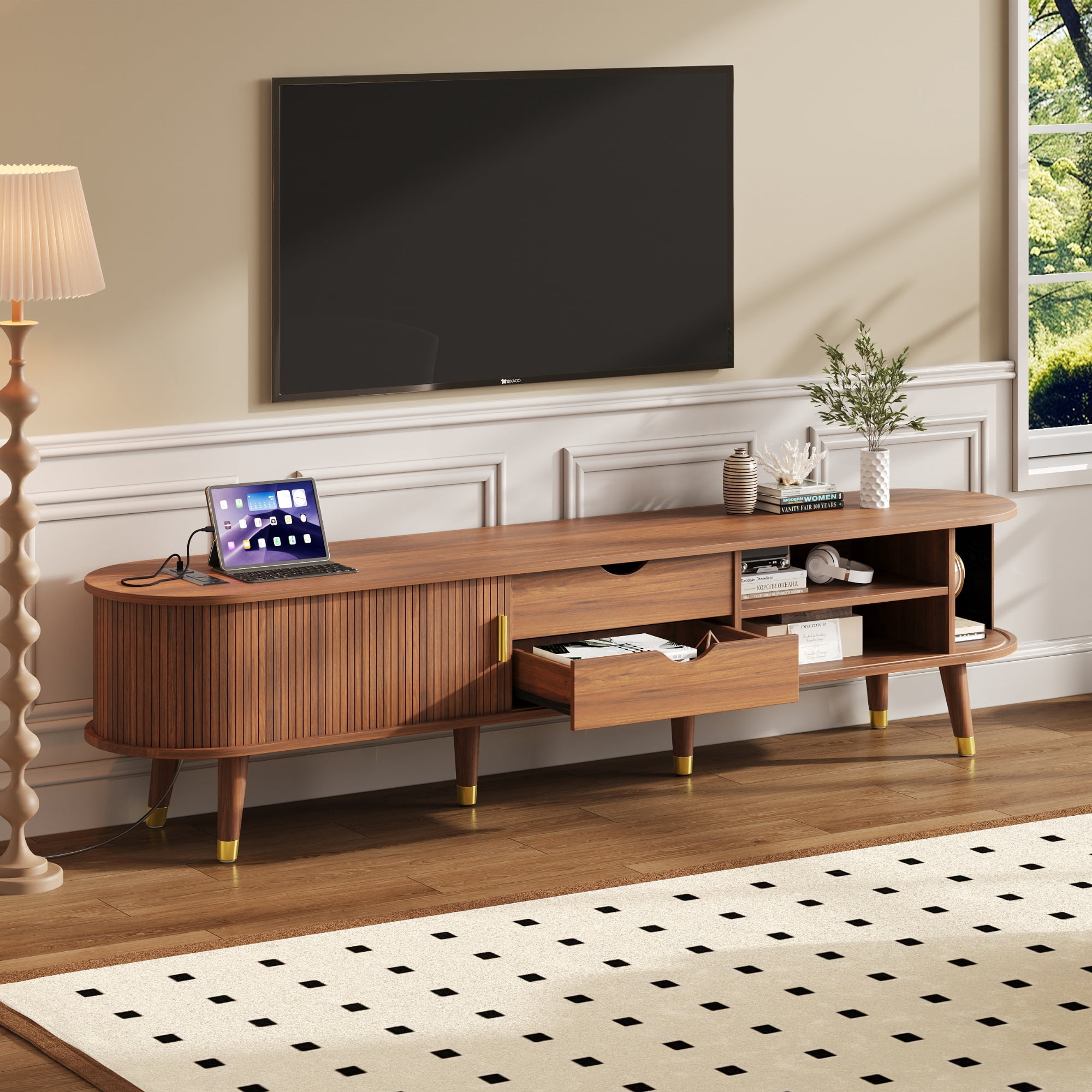 Euroco Mid-Century Modern TV Stand for TVs up to 80", Fluted Sliding Doors, Charging Station with USB & AC Outlets, Adjustable Shelves，Walnut