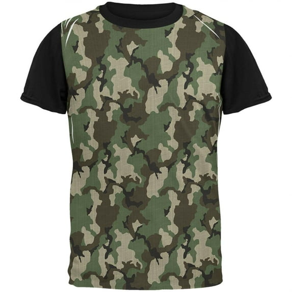 Green Woodland Camo All Over Mens Black Back T Shirt White-Black X-LG