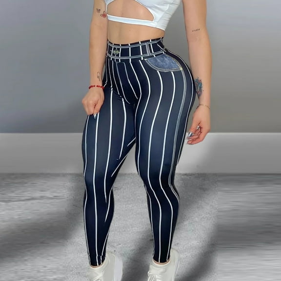 AGWOLF Women's Imitation Denim Leggings Striped High Waist Tummy Control Yoga Pants Butt Lift Workout Running Tights