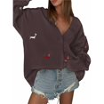 thumbnail image 3 of Cárdigan de Punto con Botones y Bordado Gráfico para Mujer, Cuello en V, Cómodo y Divertido, Ideal para Otoño Marrón M, 3 of 8