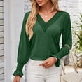 thumbnail image 5 of ATOYSOY Trendy Patchwork Tops Ruffle Casual Elegant Cotton Linen Outwear Fall Long Sleeve Business Tees Loose Lace Crochet Shirts for Women Clearance V Neck Pullovers Green M, 5 of 8