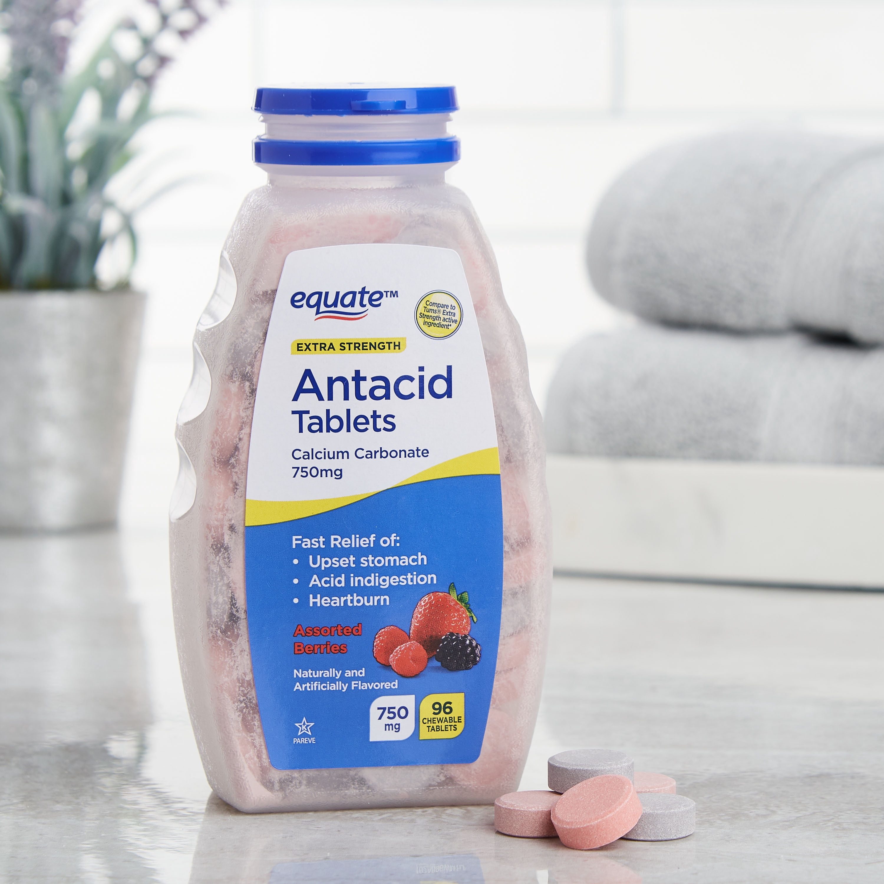 Equate Extra Strength Antacid Chewable Berry Tablets, 750 mg, 96 Ct