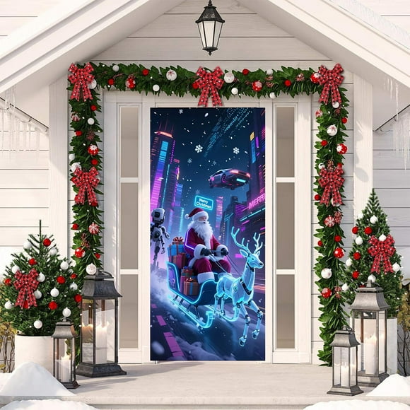 cpengpj 2025 Christmas Santa Claus Polyester Door Cover, Multicolor Holiday Decor for Party, 180x90cm Festive Door Decoration with Easy Hang