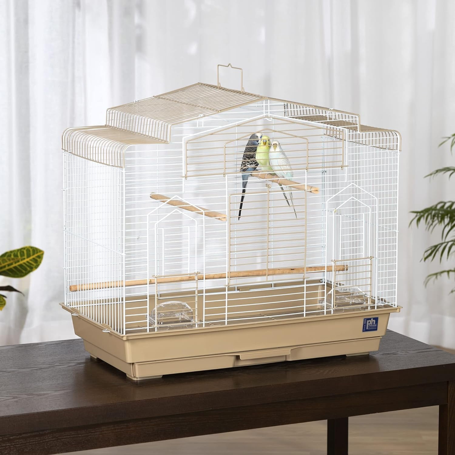 Barn Style Bird Cage - Ideal for Parakeets, Parrots, Lovebirds, Conures, Canaries, and Similarly Sized Birds, Wide Barn Style Design, Stand Alone Cage - Brown & White