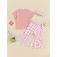 thumbnail image 4 of Bslissey Toddler Little Girls Summer 3Pcs Outfits Short Sleeve Letter Patch T-shirt + Checkerboard Flare Pants + Headband 18M 24M 3T 4T 5T 6T Kids Casual Long Pants Sets, 4 of 9