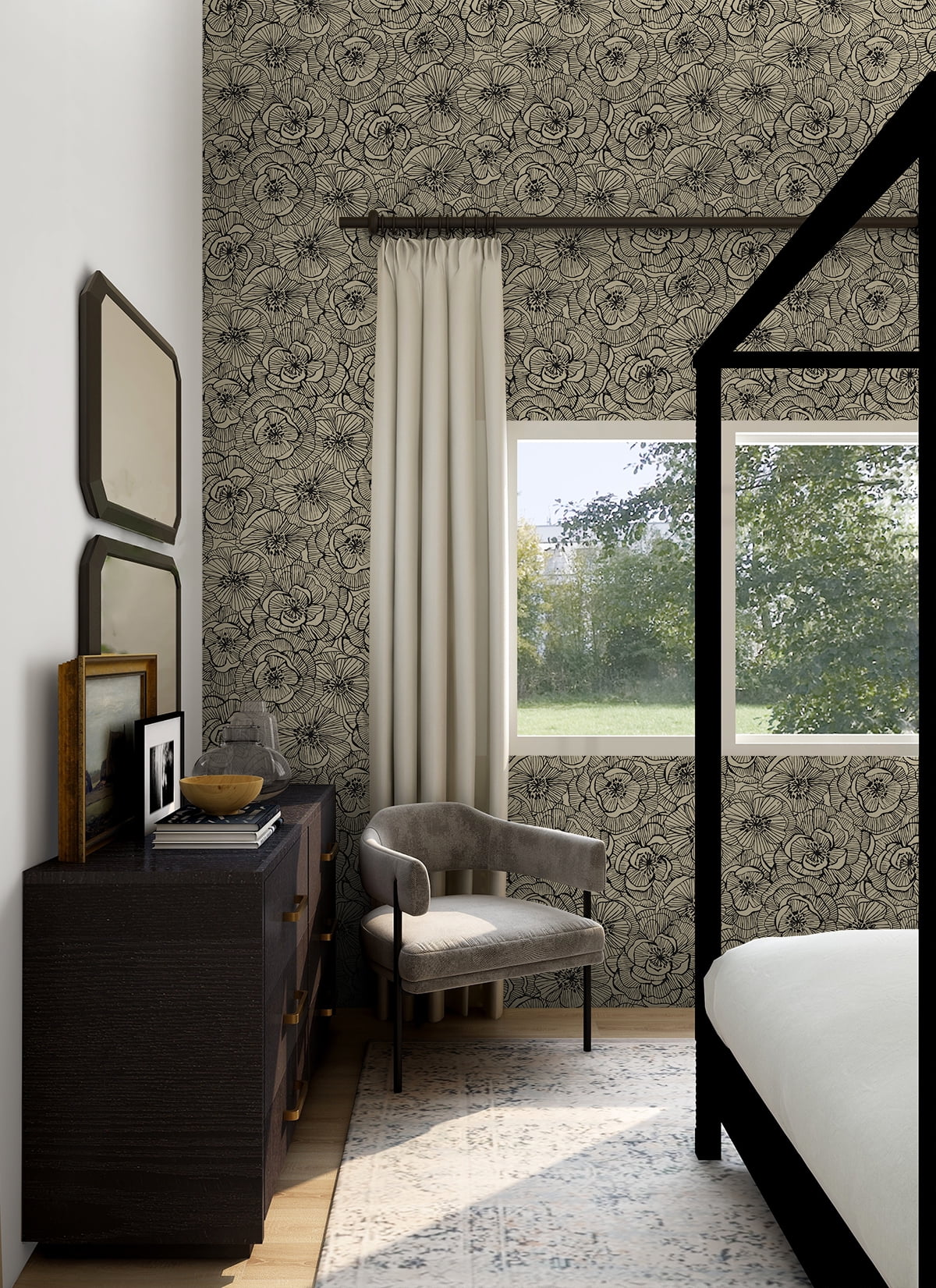 NextWall Gold Shimmer & Ebony Ellie Graphic Floral Peel and Stick Wallpaper