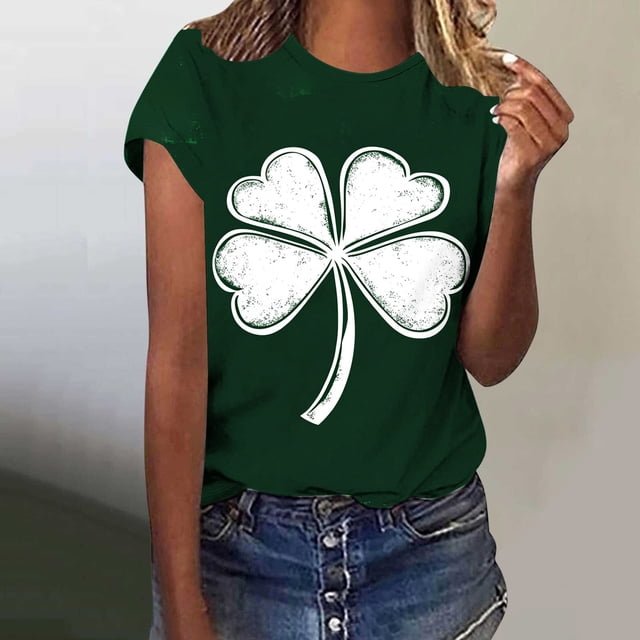Uootdi T-Shirts à Manches Courtes pour Femmes Col Rond Trèfle Graphique Usé Hauts Décontractés pour Tous les Jours Cadeau de Célébration