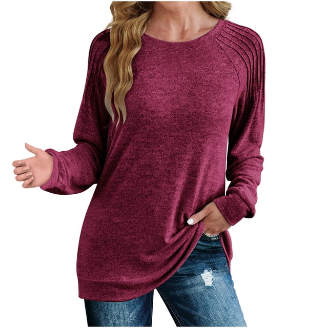 KIHOUT Spring Winter Womens Tops Fashion Solid Color Round-Neck Pullover Long Sleeve Loose Sweatshirts Tops