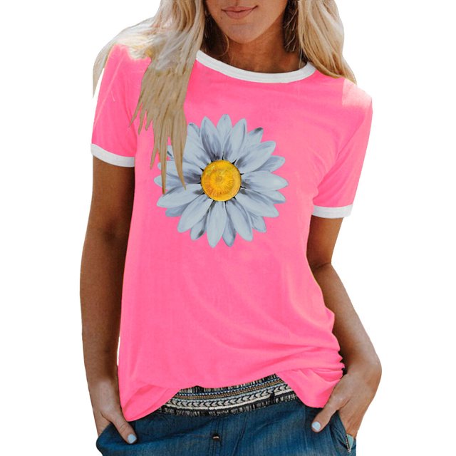 Pompotops Femmes Mode Casual Imprimé Col Rond en Vrac Manches Courtes T-shirt Top Chemisier Pull