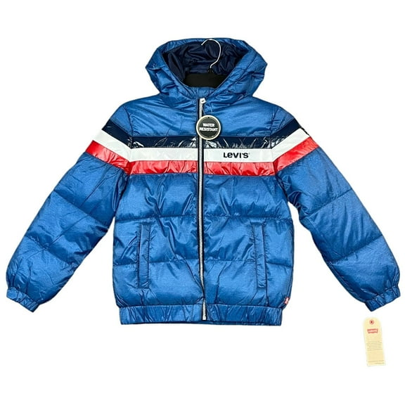 Levis Youth Boys Puffer Jacket Size M (10-12) Blue Hooded Full Zip Water Resistant