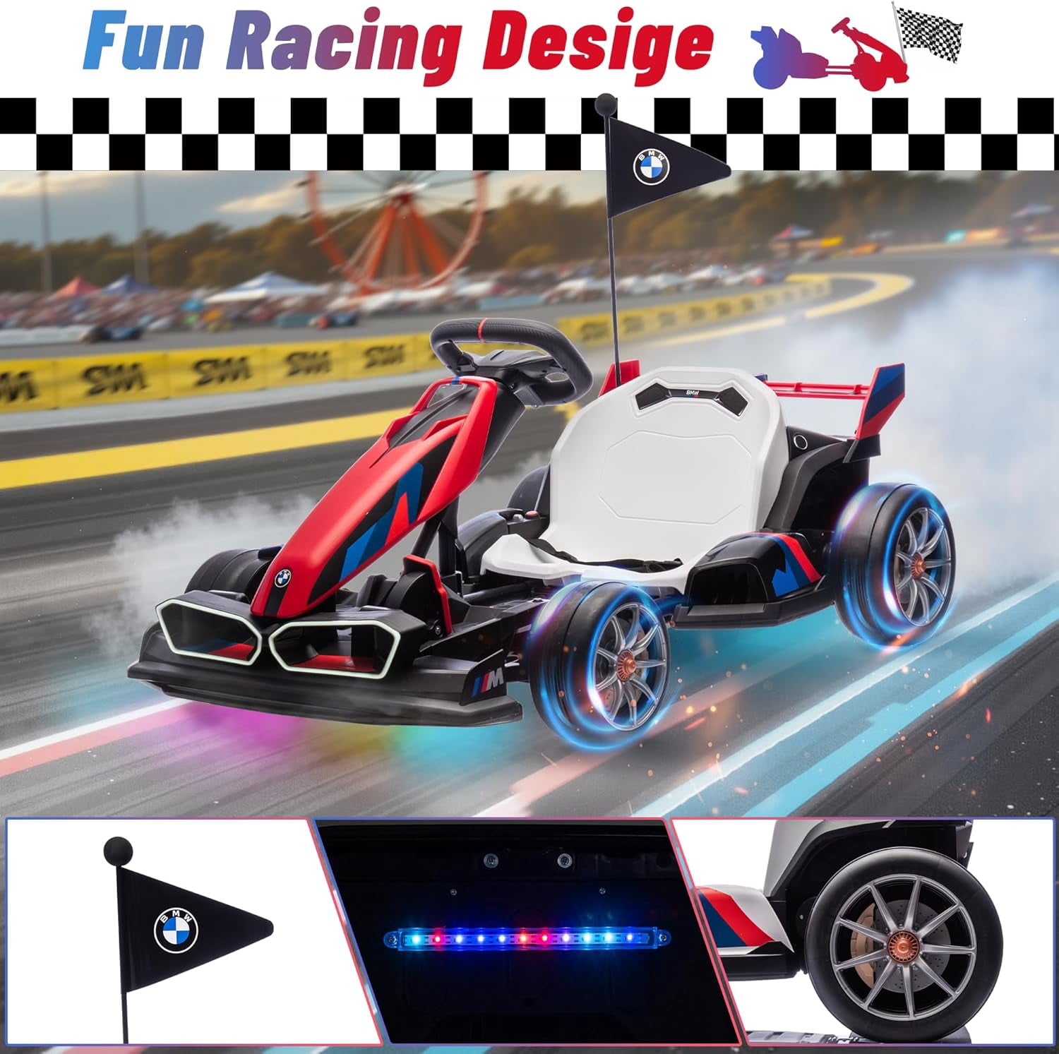 24V 9AH Electric Go Kart with Adjustable Seat,Licensed BMW 7.5 MPH Drift Kart for Kids Age 6-12, 2 * 200W Motors, Drift Mode and 2 Speed, Red