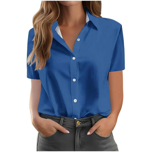 jtjvou Button Down Shirts for Women Dressy Casual Short Sleeve Blouses Trendy Business Work Tops Trendy Summer Beach Outfits Blue L
