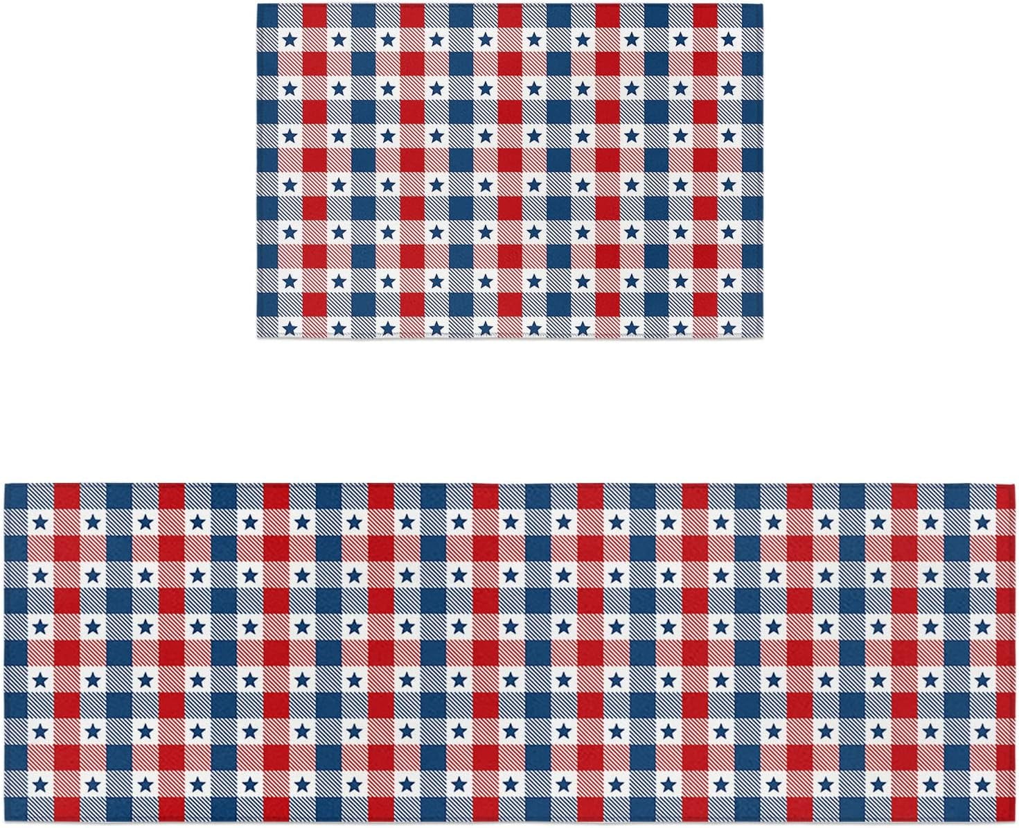 Independence Day Kitchen Rugs and Mats Set of 2, Patriotic Flag Non-Slip Floor Doormat Comfort Area Runner Rug and Mat, Blue Star on Red Blue Checkered Indoor Entrance Carpet Home Decor