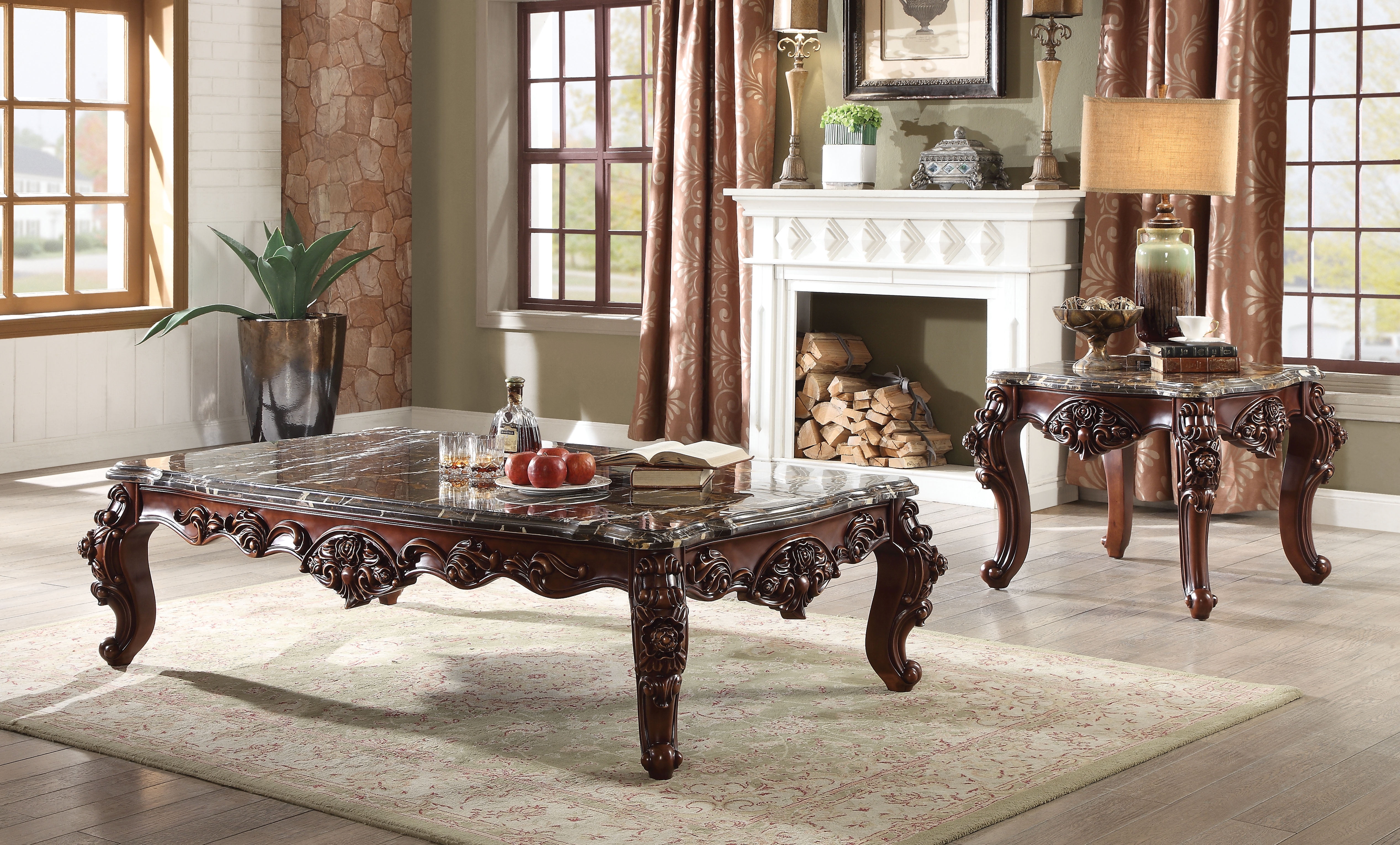 Acme Forsythia Coffee Table in Marble and Walnut Finish