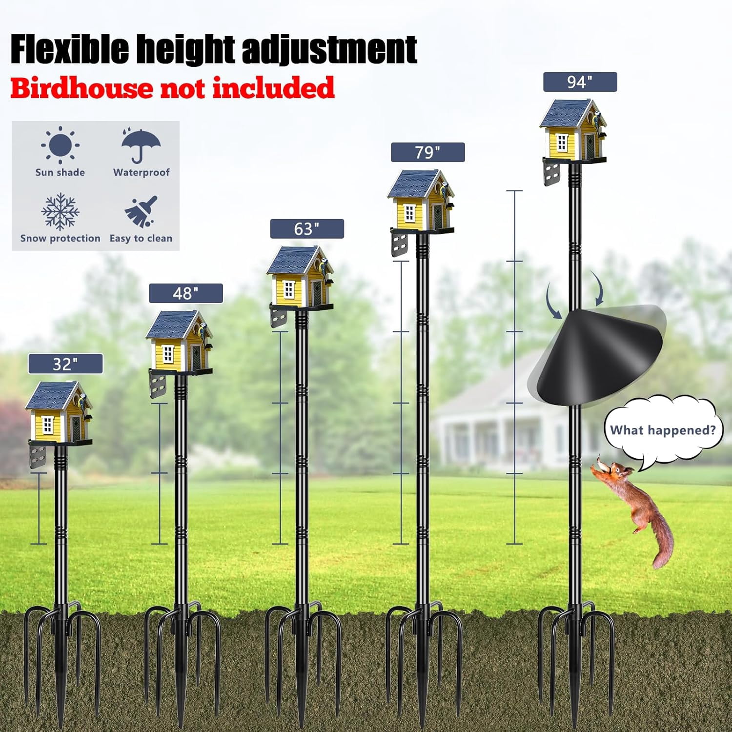 Smart Bird Feeder Pole Squirrel Proof 1-Inch Dia 94 Inch with 4 Shepherds Hooks Hanging Bluebird House Pole for Outdoors Squirrel Baffles for Feeders Metal Heavy Duty Mounting Kit