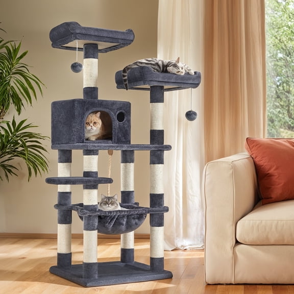 LEDREM 56.3-Inch Multi-Level Cat Tree Tower with 11 Scratching Posts, 2 Perches, Hammock & Cave, for Indoor Cats, Smoky Gray