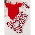 thumbnail image 4 of Suealasg 3PCS Toddler Baby Girl Valentine's Day Outfits Set Solid Color Bow Sling Off-Shoulder Romper Heart Print Flare Pants Headband 3 6 12 18 24 Months Infant Girl Spring Clothes, 4 of 9