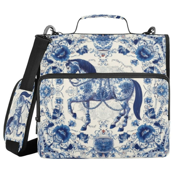 DIXRUYEE Zipper Binder trapper keeper Documents Organized Design Blue Horse with Golden Accents Printed