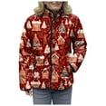 thumbnail image 5 of felwors Women's Christmas Quilted Jacket with Snowmen Christmas Trees Print, Snap Button Front Fall Winter Coat Red, XXXXL, 5 of 8