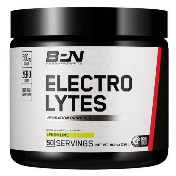 BARE PERFORMANCE NUTRITION BPN Electrolytes Hydration Drink Mix | Sugar Free Electrolyte Powder | 500mg Sodium per Serving | Naturally Sweetened | Lemon Lime, 50 Servings