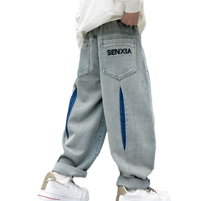 Boys Baggy Straight Leg Jeans with Pockets - Elastic Waist Distressed Ripped Denim Pants, Polyester Material, 4-14 Years, Active Jogger Design