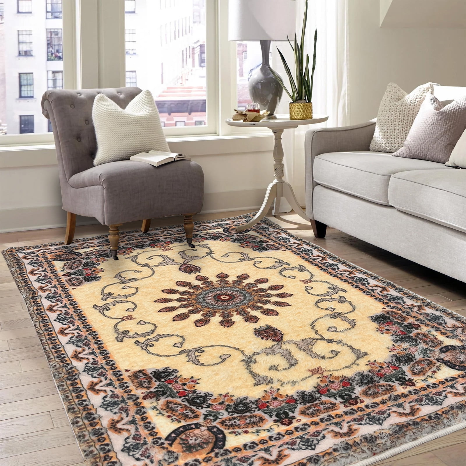 SUSUZI 5.3' x 7.5' Area Rug,Boho Living Room Rug, Washable Low Pile Non Slip Carpet for Bedroom, Dining Room, Retro Area Rug Indoor, Beige