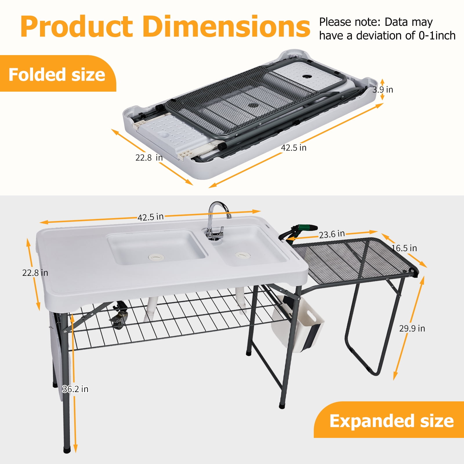 42.5" Fish Cleaning Table with Dual Sink, Portable Folding Camping Table with Foldable Extension Stand, Faucet, Sprayer, Grid Rack & Hose Hook Up, Outdoor Sink Station for Picnic