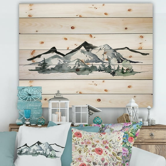 Designart 'Minimalistic Fir Forest and Winter Mountains I' Modern Print on Natural Pine Wood