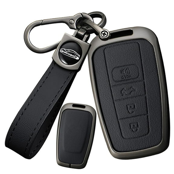 Metal & Leather 4 Button Key Fob Cover Case Compatible with Toyota Camry 2018-2023 RAV4 4Runner Highlander Avalon C-HR Prius Prado Corolla GT86 Keyless with Keychain