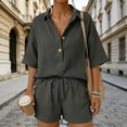 thumbnail image 6 of Women 2 Piece Linen Short Sets 2026 Summer Vacation V Neck Short Sleeve Beach Outfits Oversized Button Casual Suits Dark Gray M, 6 of 7
