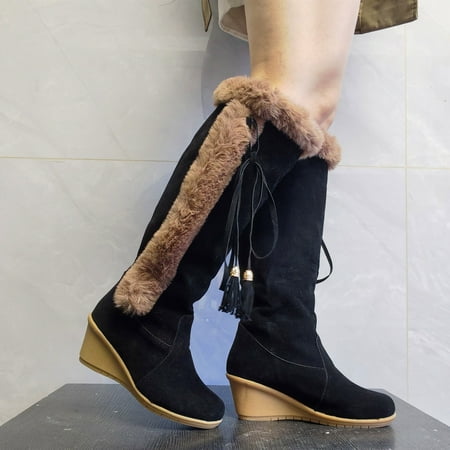 

HAOTAGS Women s Knee High Wedge Heels Round Toe Boots Wedge Lace Up Winter Snow Casual Shoes Black Size 10.5