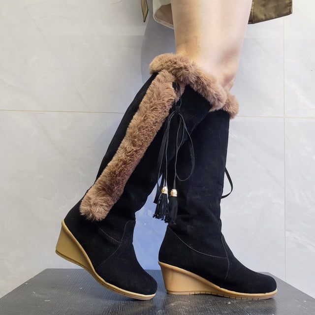 EGNMCR Bottes d'Hiver pour Femmes Bottes à Bandage pour Femmes Talon Compensé Décontractées Chaudes Mi-Mollet Chaussures