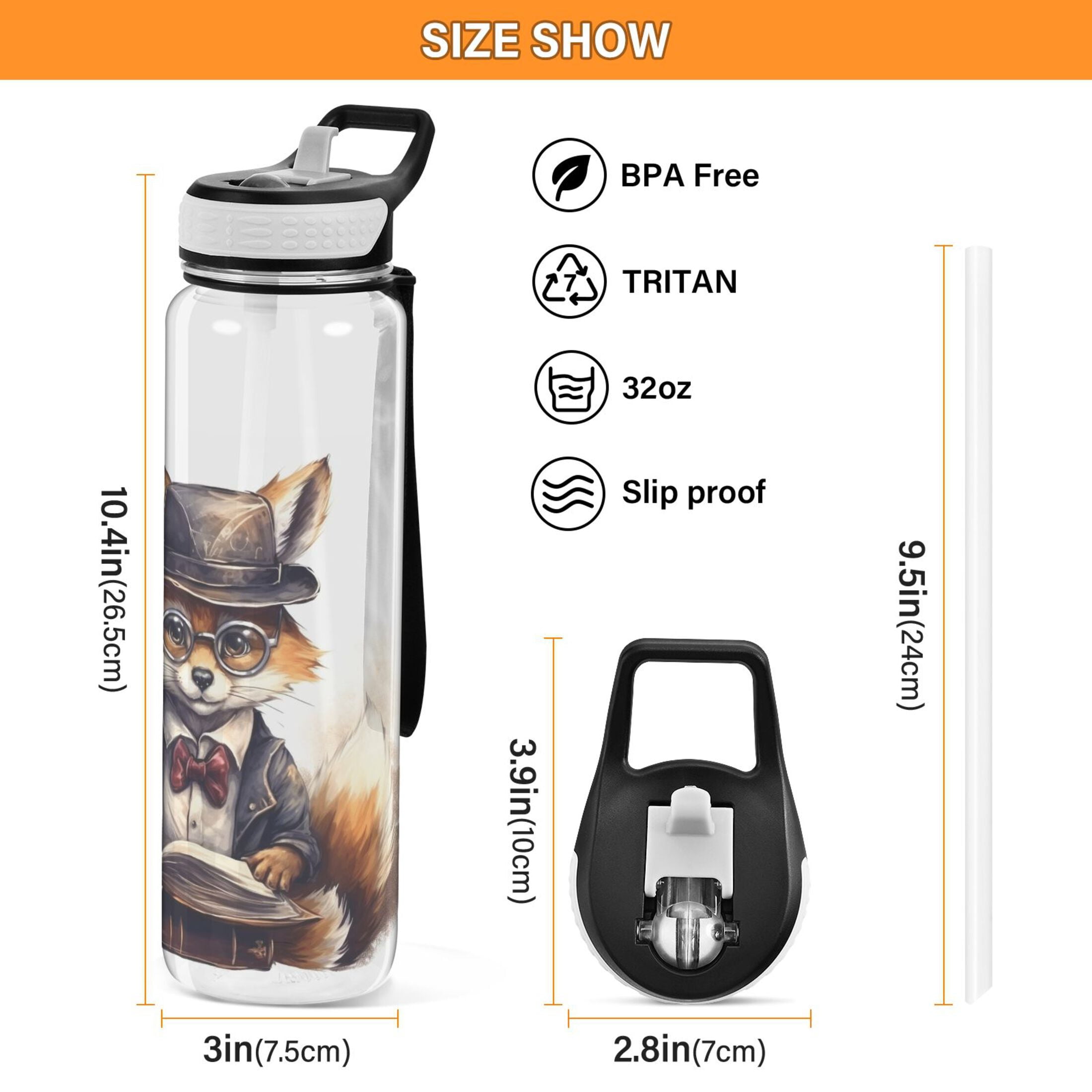 Fox Glasses Book Hat Suit Sports Water Bottle Portable Travel Mug 32oz BPA Free Leak Proof Straw Transparent Tritan for Gym Yoga Cycling Camping