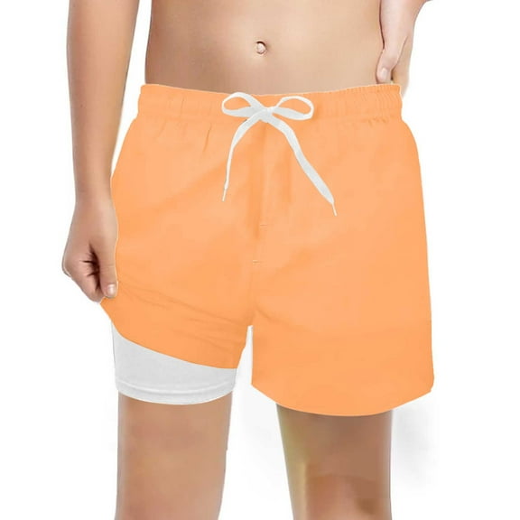 FAOWME Boys Fashion Solid Color Swim Trunks With Compression Liner Stretch Swim Shorts Orange 10-12 Years