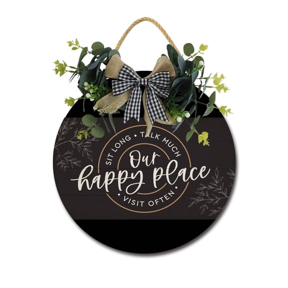 Our Happy Place Front Door Sign Funny Wreaths Hanging Wooden Plaque Decoration Round Rustic Wood Farmhouse Porch Decor for Home Front Door Decor, 12 x 12 Inch