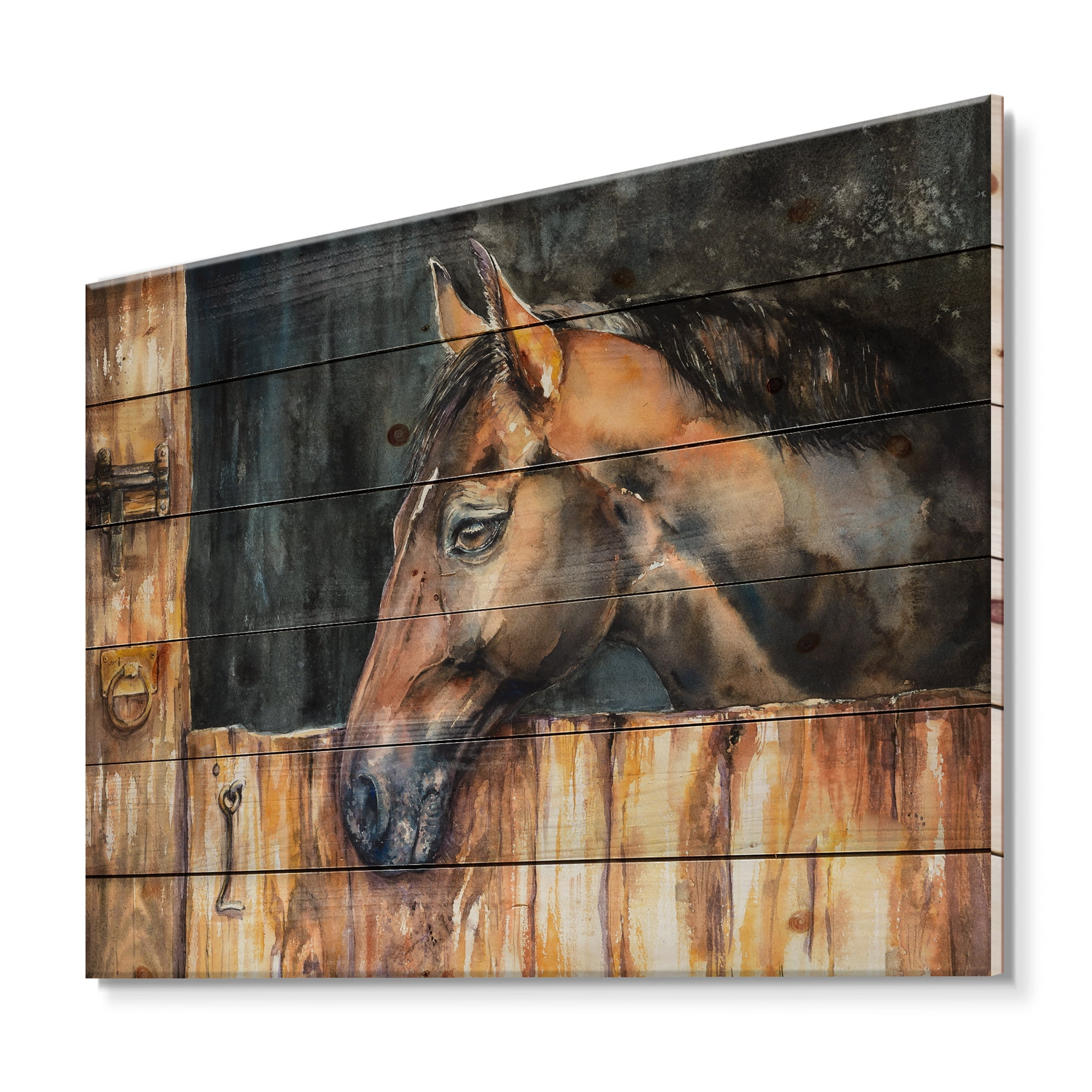 Designart 'Close Up Of The Head of A Horse In Stable' Farmhouse Print on Natural Pine Wood