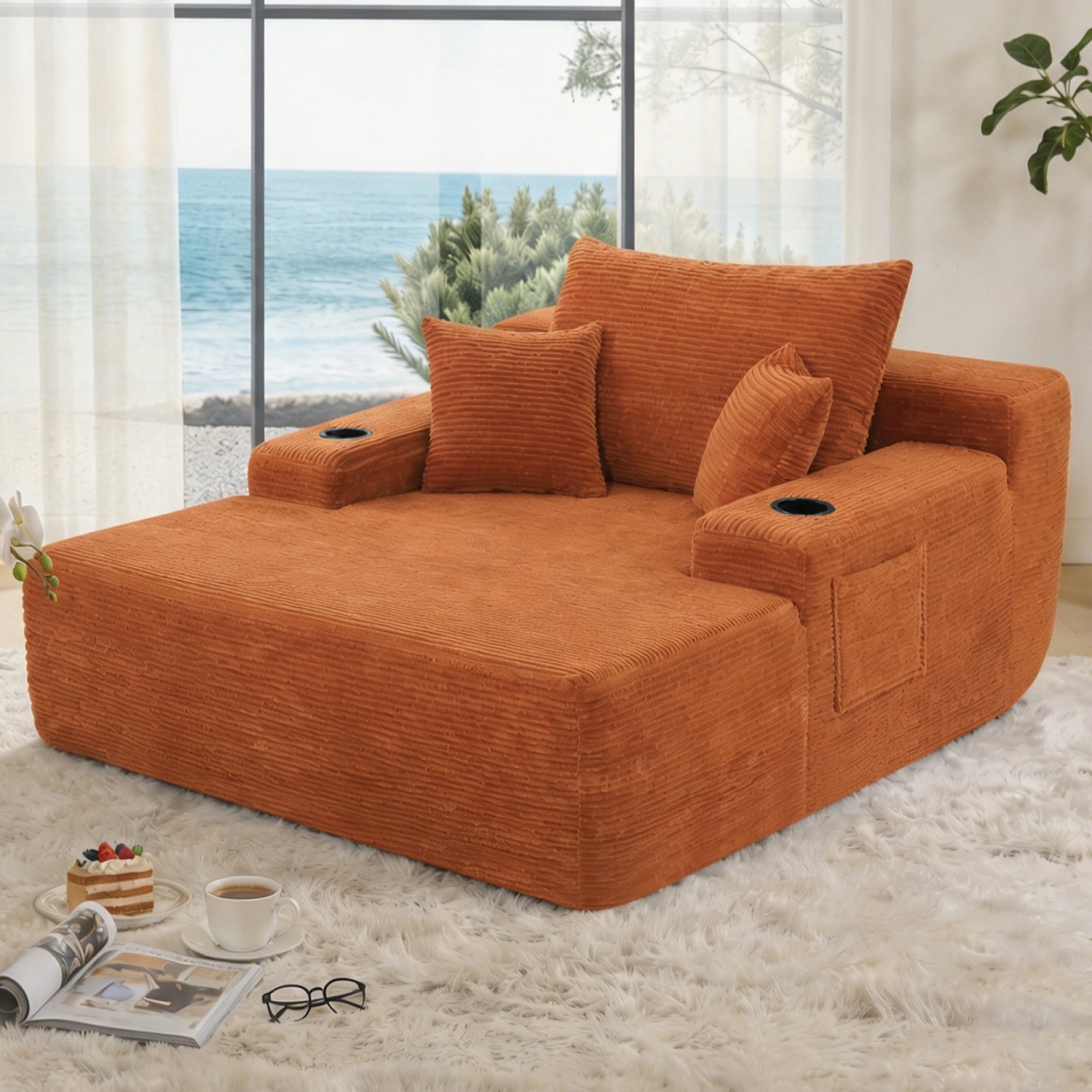Leumius Oversized Chaise Lounge Chair Indoor,Upholstered Corduroy Cloud Couch Boneless Sofa Bed with Wide Armrest & Throw Pillows,Cup Holder for Living Room,Bedroom,No Assembly Required,Orange