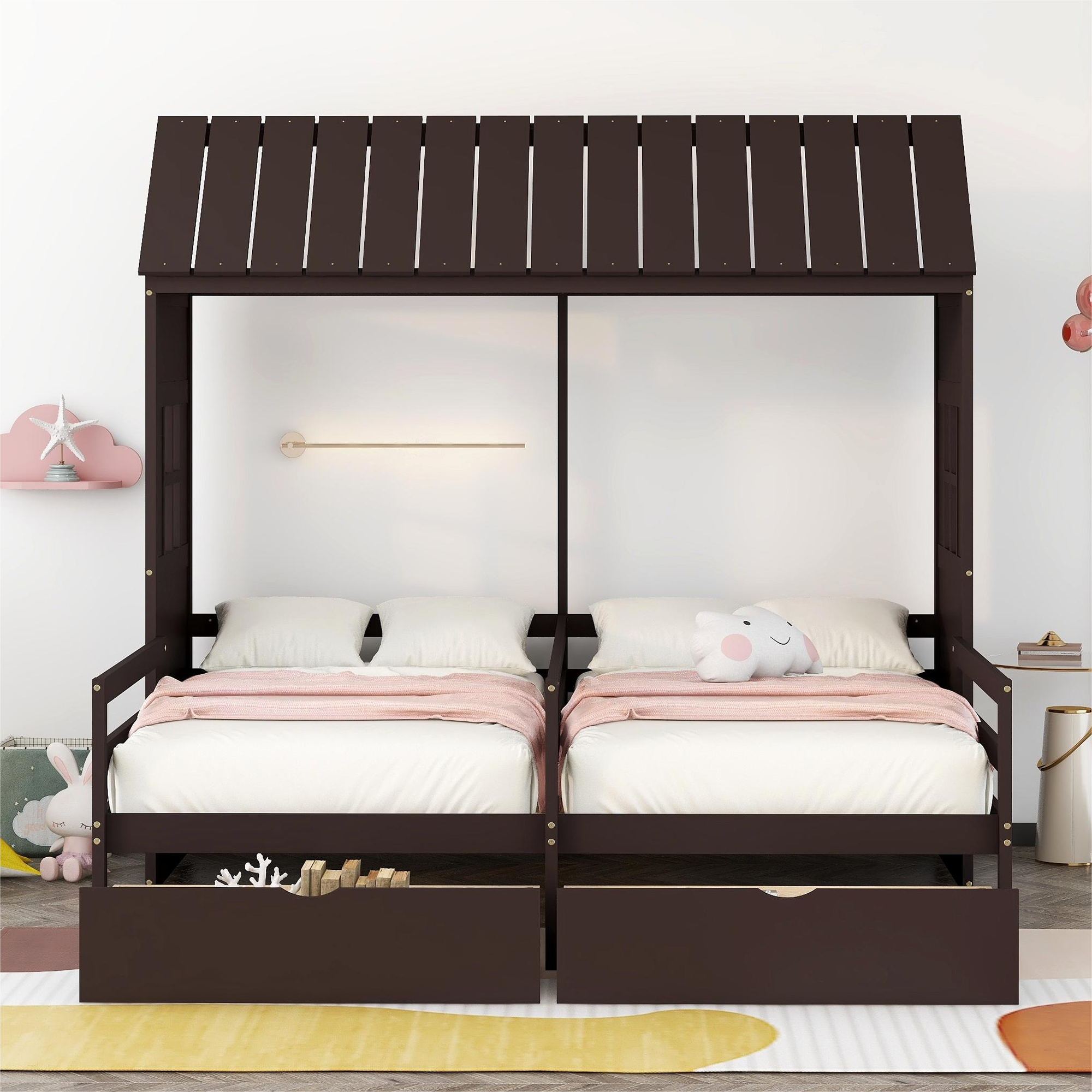 Twin & Twin Wooden Tent Bed with Roof and 2 Drawers Design for Toddlers