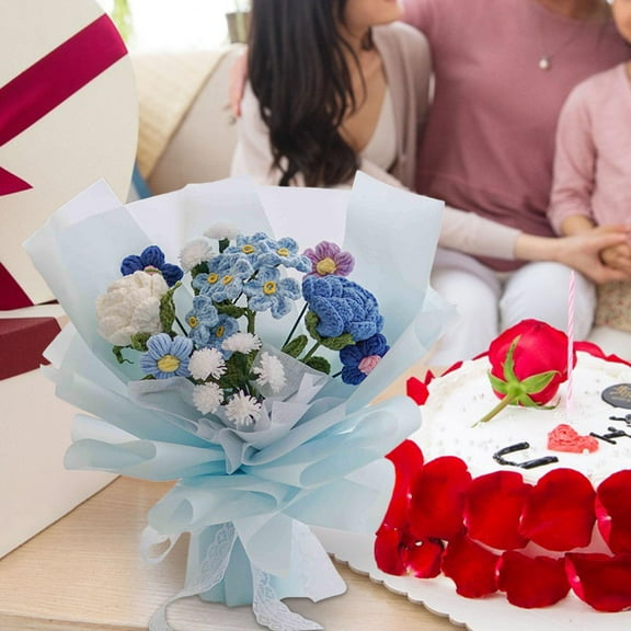perfeclan Hand Woven Crochet Flower Bouquet Artificial Mixed Flowers Length 45cm Decoration for Anniversaries Celebrations