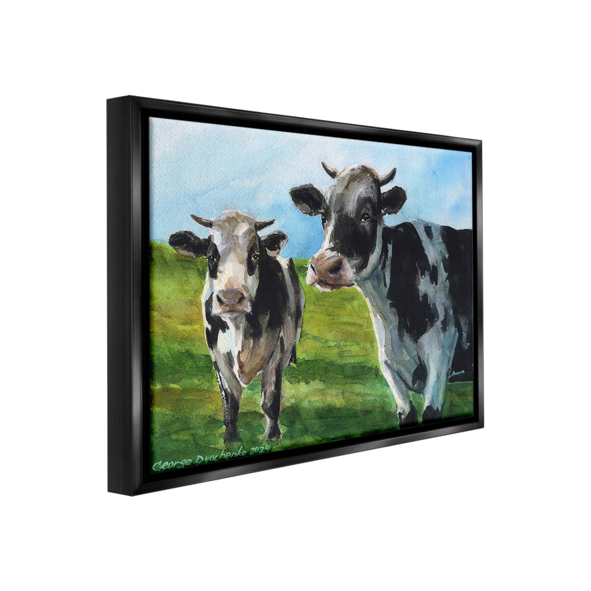 Stupell Industries Cows in Pasture Landscape Animals & Insects Painting Black Floater Framed Canvas Art Print Wall Art, 31 x 25