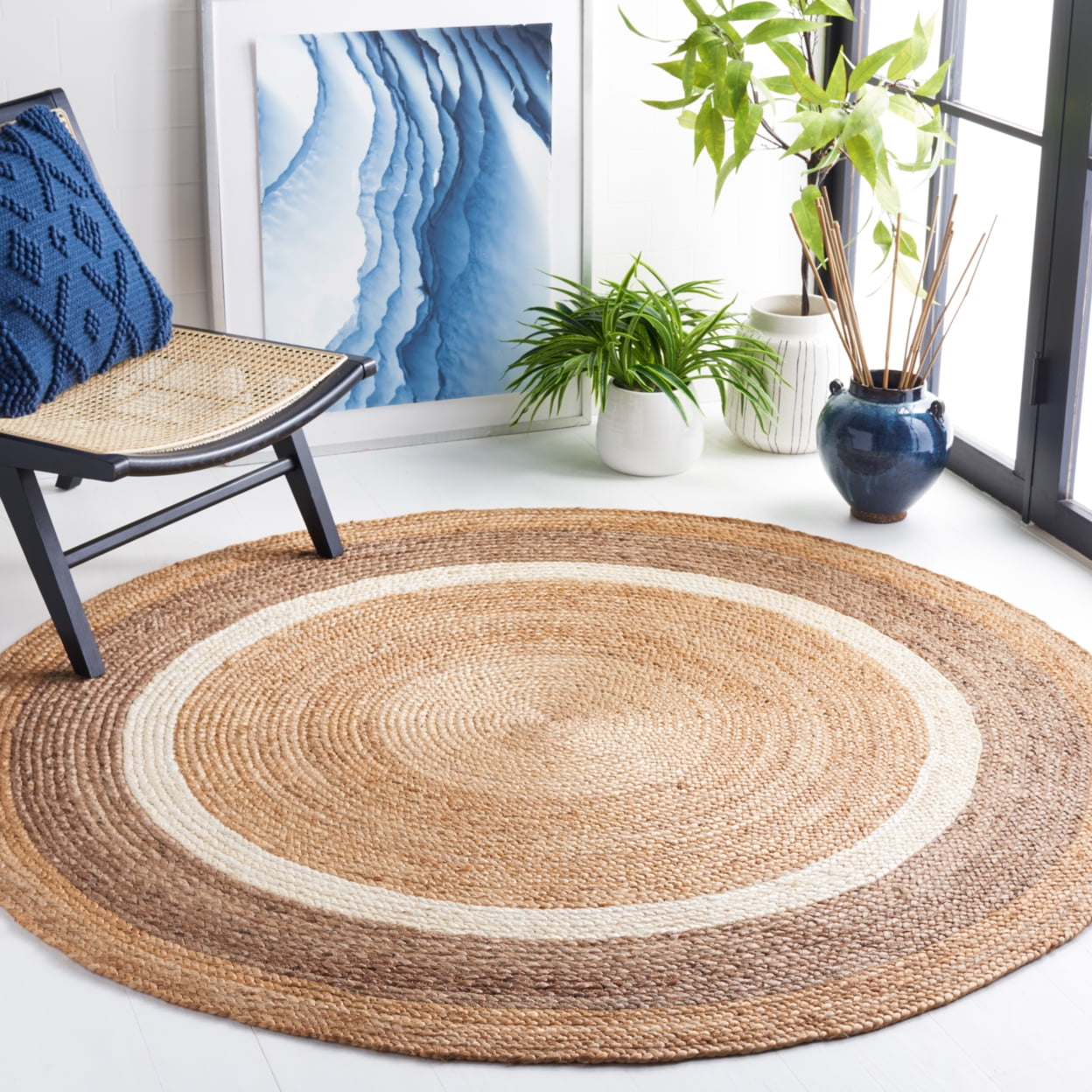 SAFAVIEH Natural Fiber Darrin Geometric Braided Jute Rug, Natural/Grey/Ivory, 6' Square