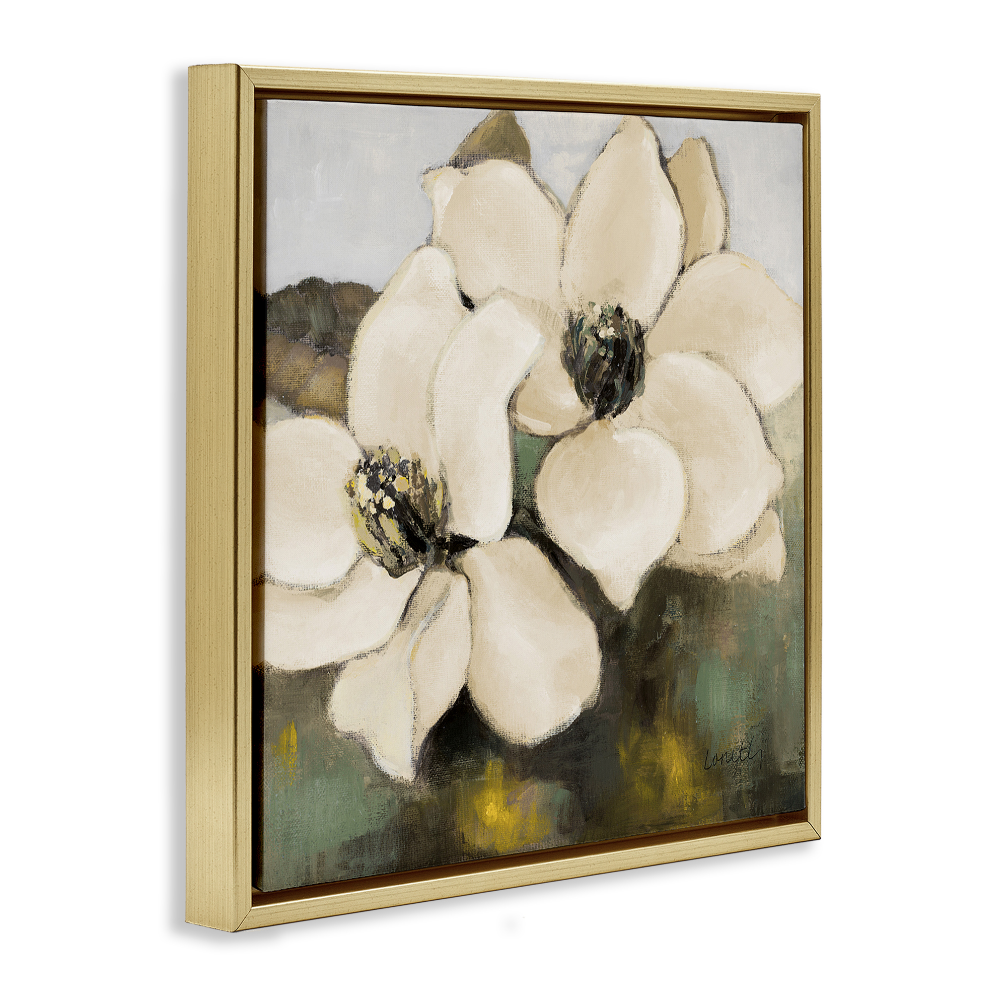 Stupell Industries Magnolia Blossom Duo Botanical & Floral Painting Gold Floater Framed Canvas Art Print Wall Art, 18 x 18