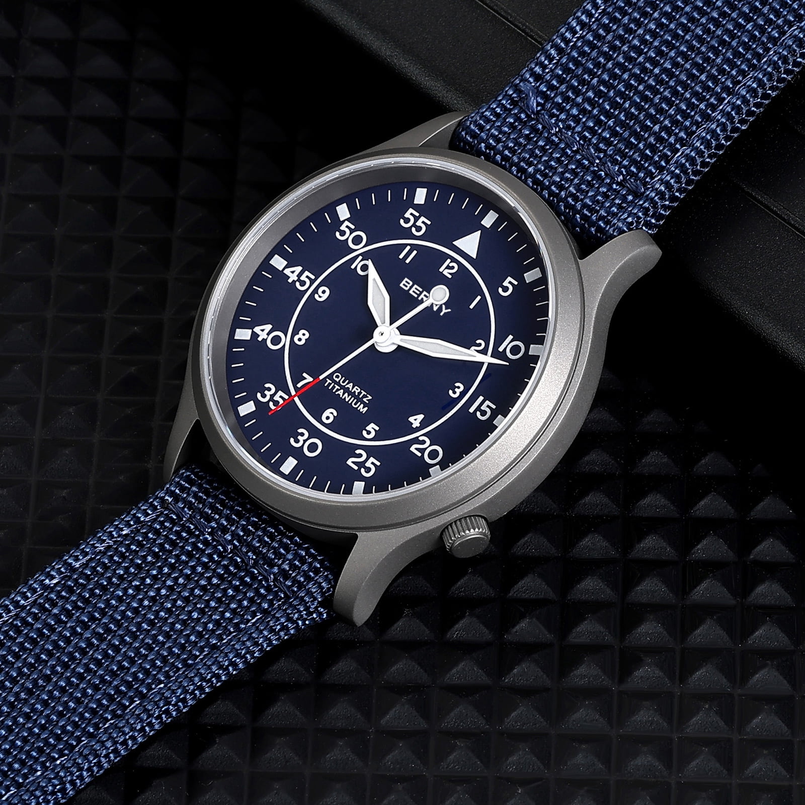 BERNY Titanium Watches for Men, Sport Military Men Watch with Canvas Strap, Japanese Quartz Movement, Super Luminous, Fashion Men's Field Watch, Casual 5ATM Waterproof Army Wristwatch, Blue