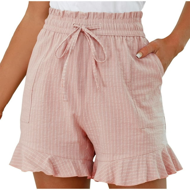 Besolor Summer Shorts for Women Trendy Striped Elastic Waist Drawstring Ruffle Hem Beach Lounge Shorts with Pockets